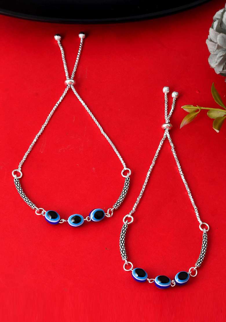 Set Of 2 Silver And Plated Stainless Steel Evil Eye Oval Beaded Anklets

 - Indya