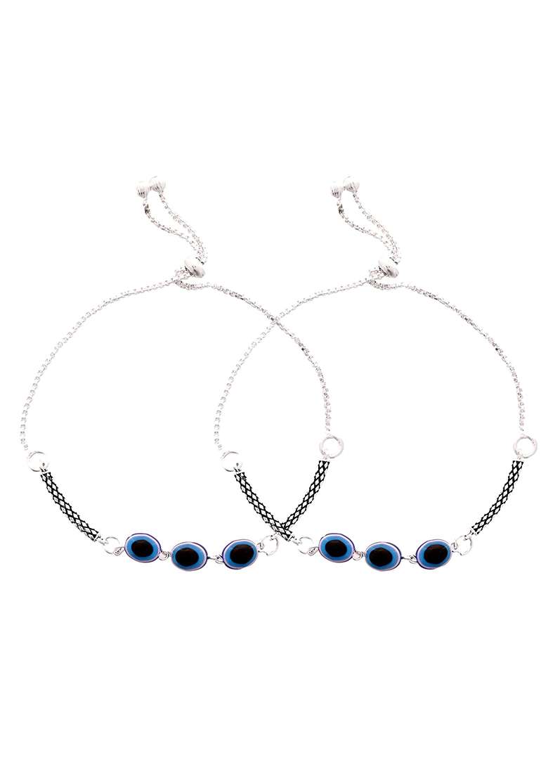 Set Of 2 Silver And Plated Stainless Steel Evil Eye Oval Beaded Anklets

 - Indya