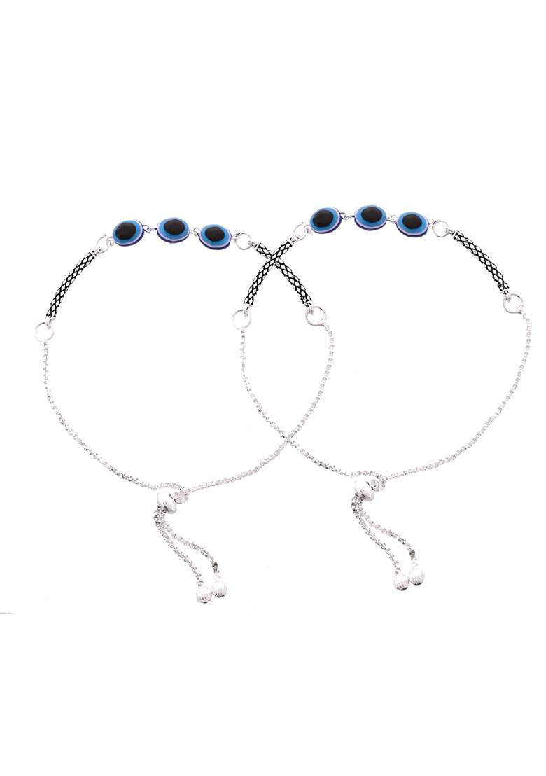 Set Of 2 Silver And Plated Stainless Steel Evil Eye Oval Beaded Anklets

 - Indya