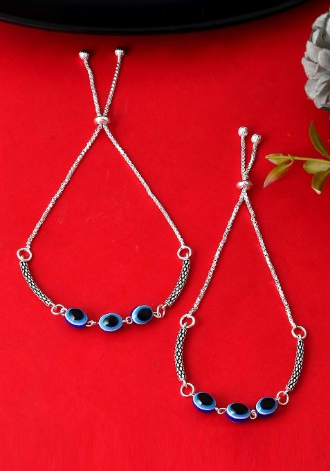 Set Of 2 Silver And Plated Stainless Steel Evil Eye Oval Beaded Anklets

