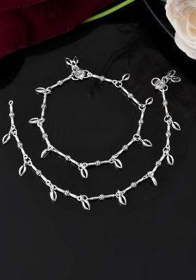Oxidized Silver And Toned Tribal Barrel Charm Anklet – Set Of 2

