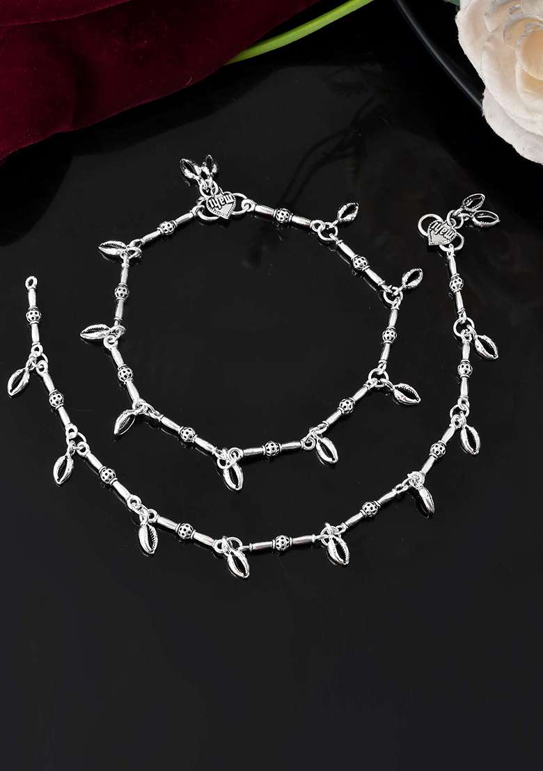 Oxidized Silver And Toned Tribal Barrel Charm Anklet – Set Of 2

 - Indya