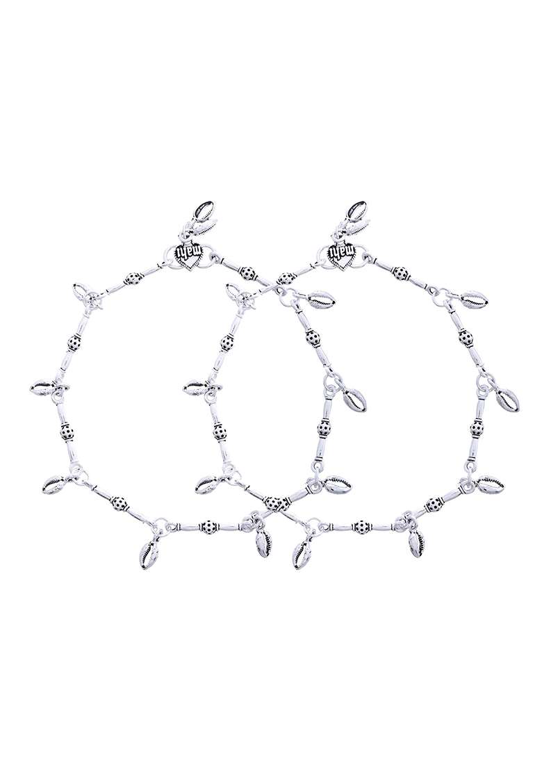 Oxidized Silver And Toned Tribal Barrel Charm Anklet – Set Of 2

 - Indya