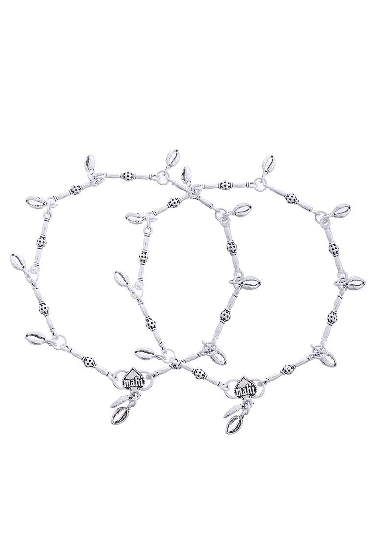Oxidized Silver And Toned Tribal Barrel Charm Anklet – Set Of 2

 - Indya