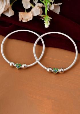 Set Of 2 Silver And Plated Stainless Steel Heart And Shaped Peacock Stone Beaded Anklets


