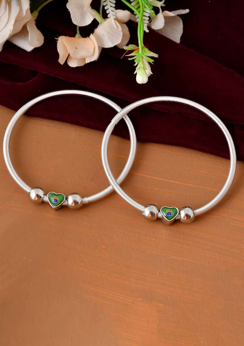 Set Of 2 Silver And Plated Stainless Steel Heart And Shaped Peacock Stone Beaded Anklets

 - Indya