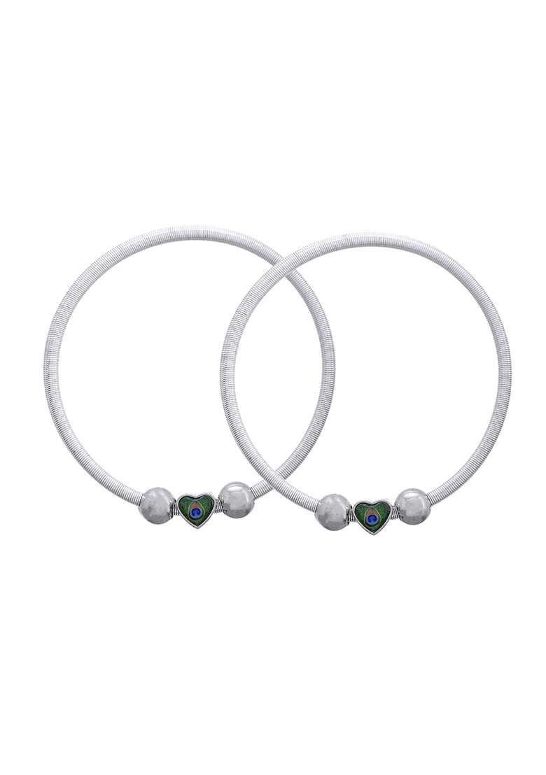 Set Of 2 Silver And Plated Stainless Steel Heart And Shaped Peacock Stone Beaded Anklets

 - Indya