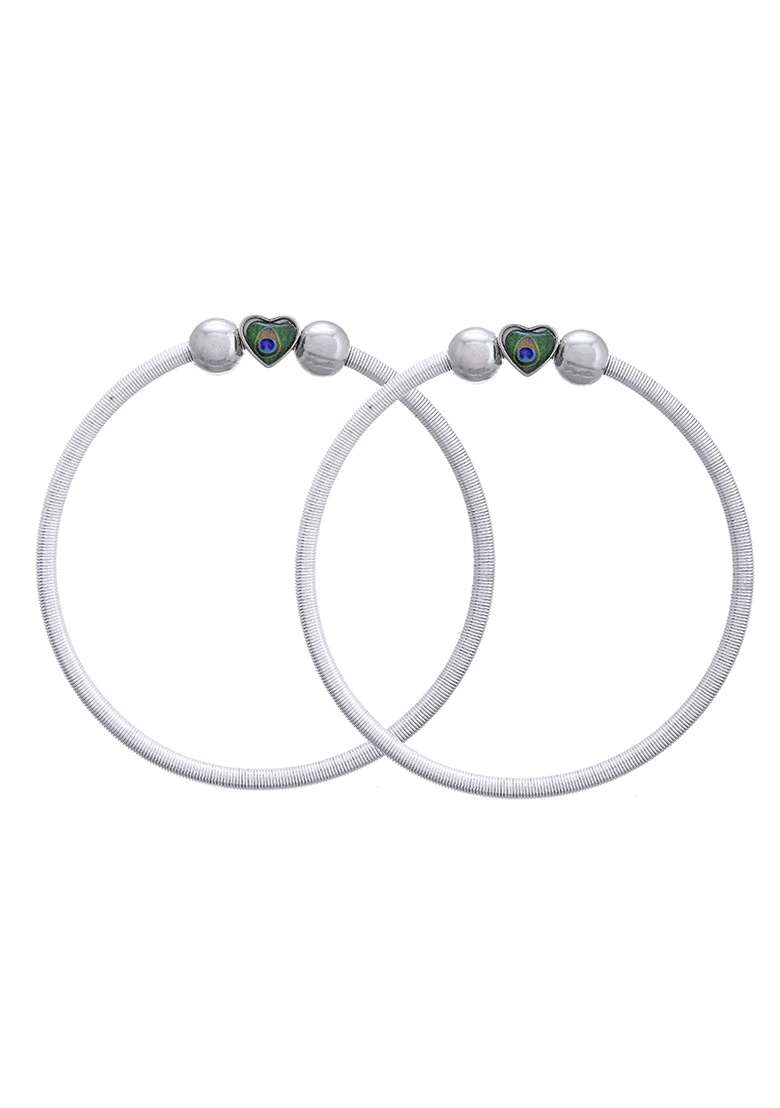 Set Of 2 Silver And Plated Stainless Steel Heart And Shaped Peacock Stone Beaded Anklets

 - Indya