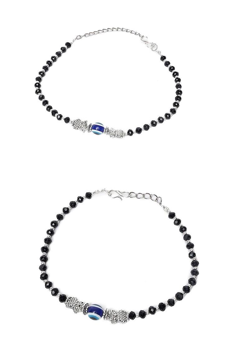 Silver Plated Black Beaded And White Crystals Studded Owl Shaped Evil Eye Anklet