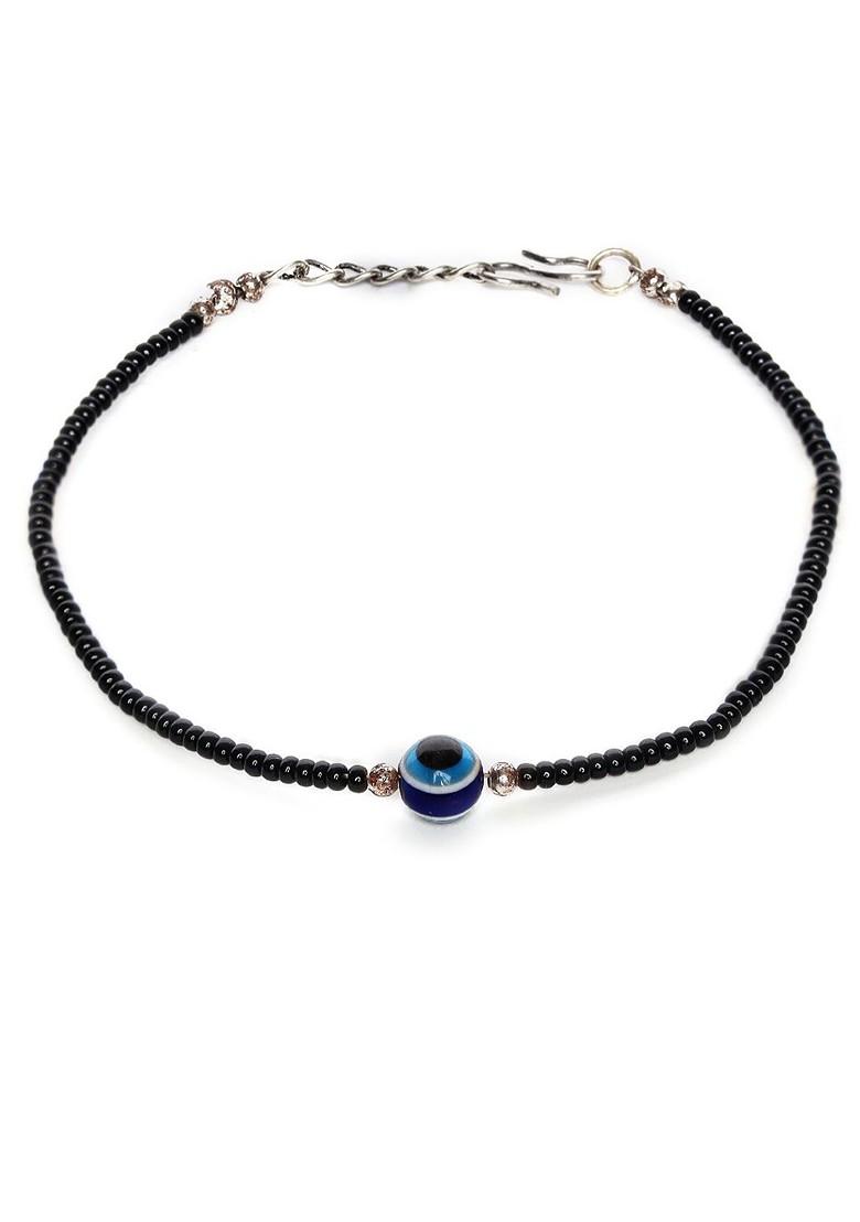 Set Of 2 Silver Plated And Black Evil Eye Anklets