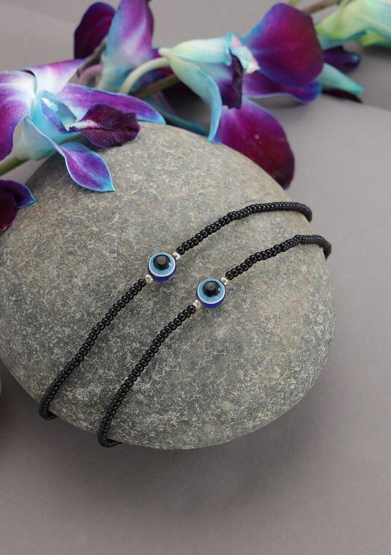 Set Of 2 Silver Plated And Black Evil Eye Anklets