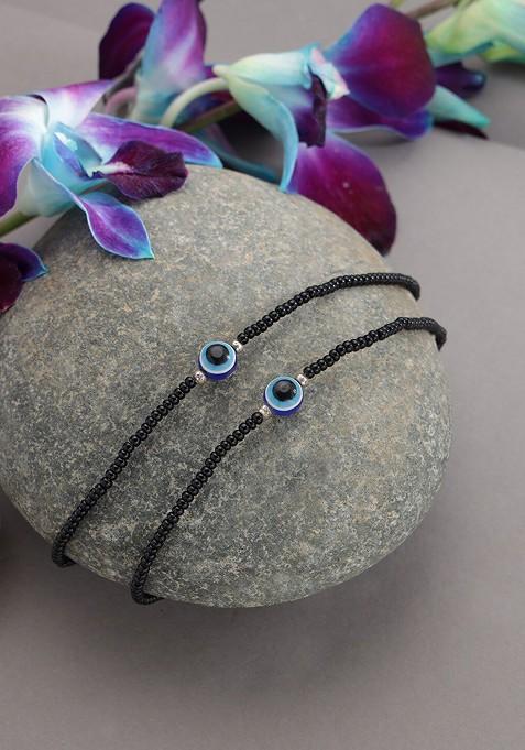 Set Of 2 Silver Plated And Black Evil Eye Anklets