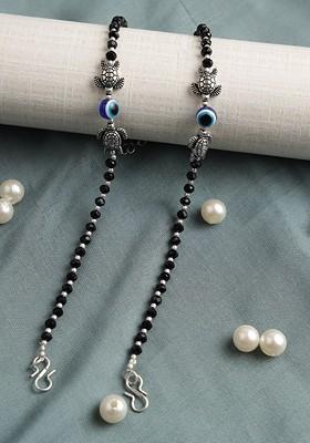 Set Of 2 Oxidised Silver Plated Black Beaded Tortoise And Evil Eye Anklet