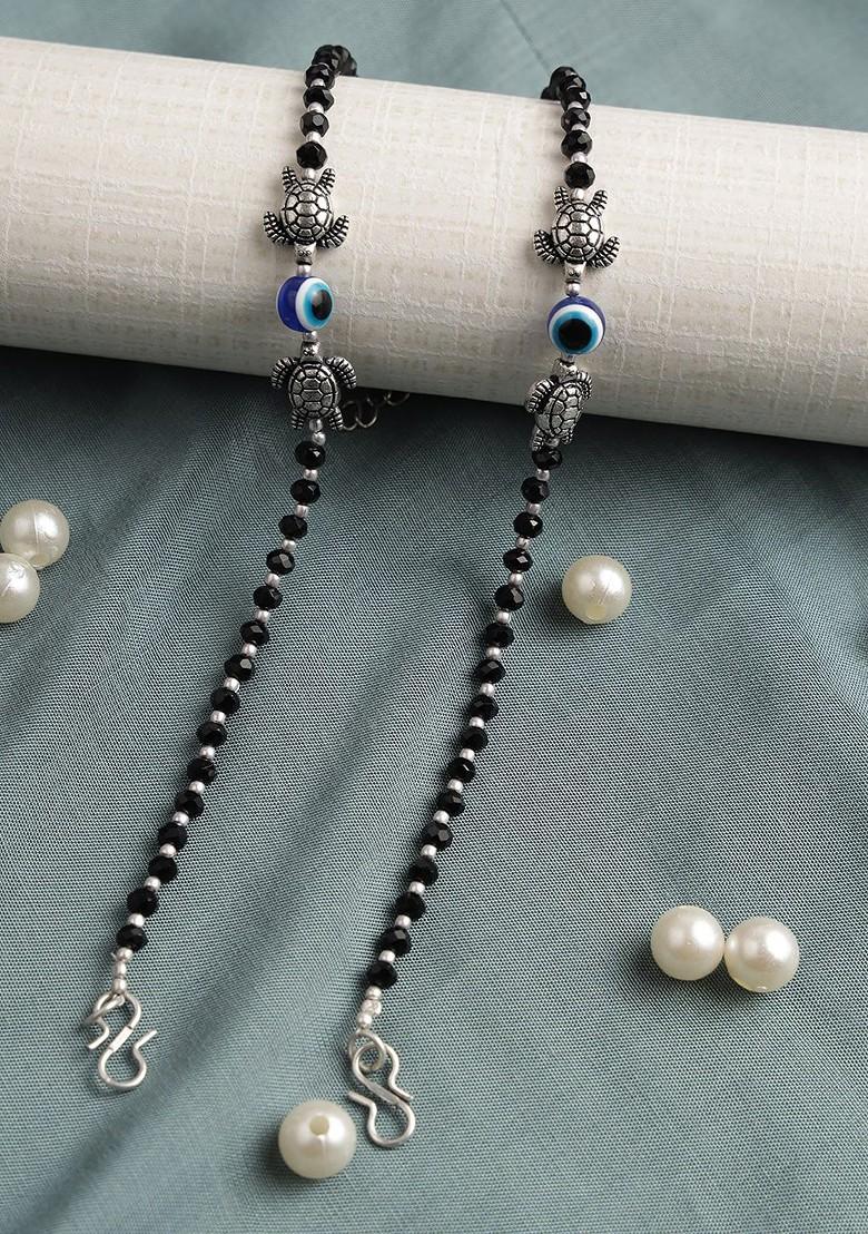 Set Of 2 Oxidised Silver Plated Black Beaded Tortoise And Evil Eye Anklet