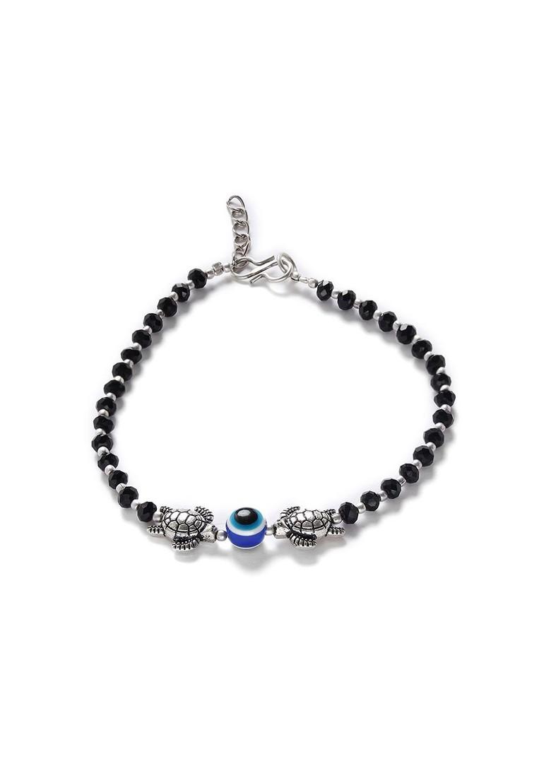 Set Of 2 Oxidised Silver Plated Black Beaded Tortoise And Evil Eye Anklet