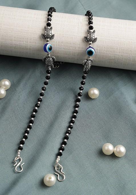 Set Of 2 Oxidised Silver Plated Black Beaded Tortoise And Evil Eye Anklet