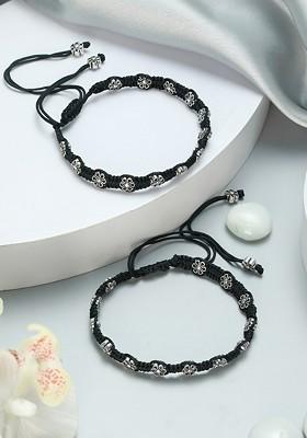 Set Of 2 Silver Plated And Black Threaded Anklets