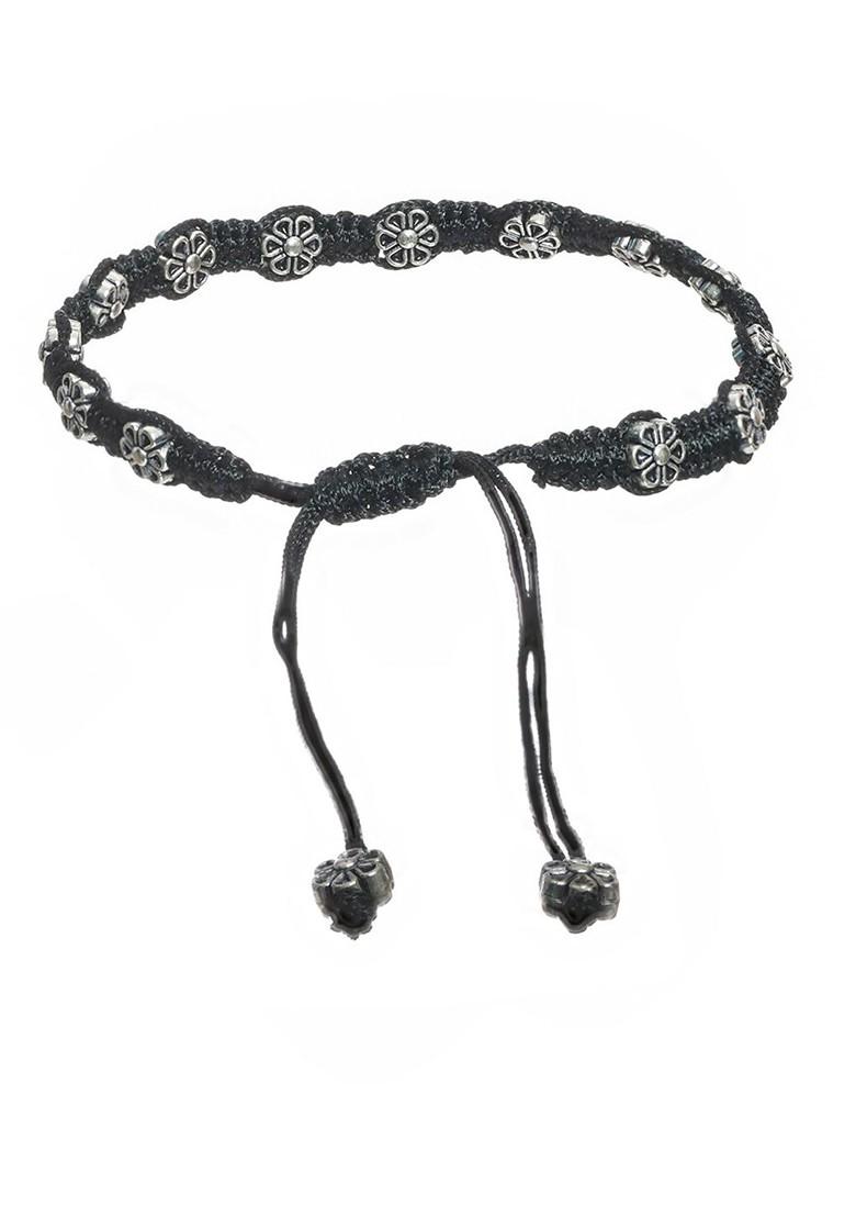 Set Of 2 Silver Plated And Black Threaded Anklets