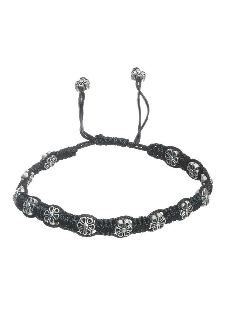 Set Of 2 Silver Plated And Black Threaded Anklets