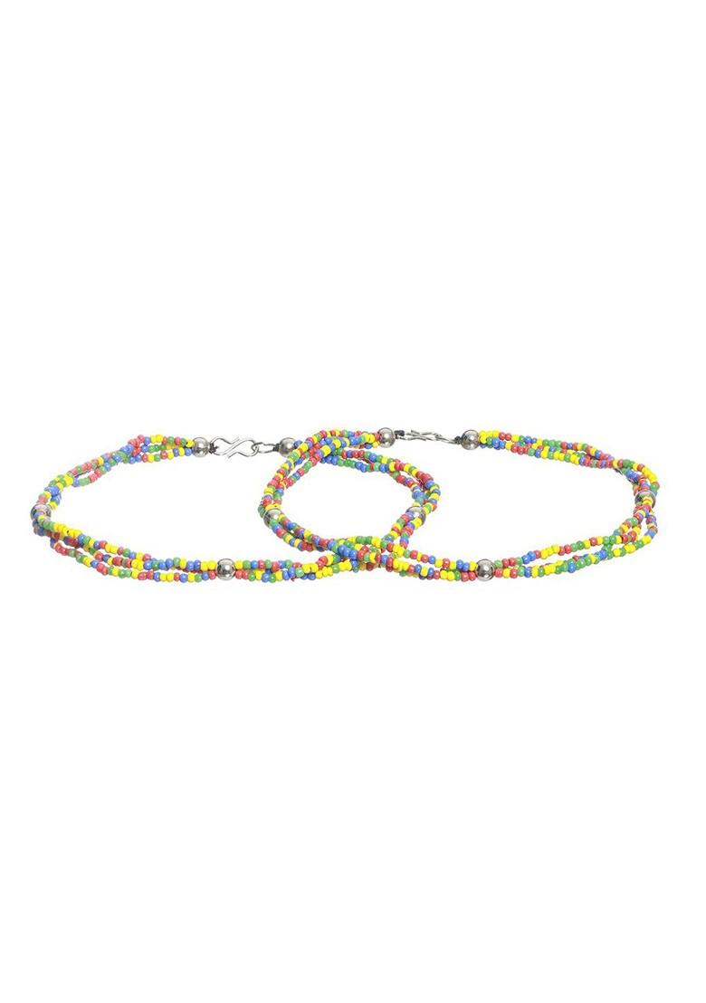 Set Of 2 Silver Plated Blue And Yellow Beaded Anklets