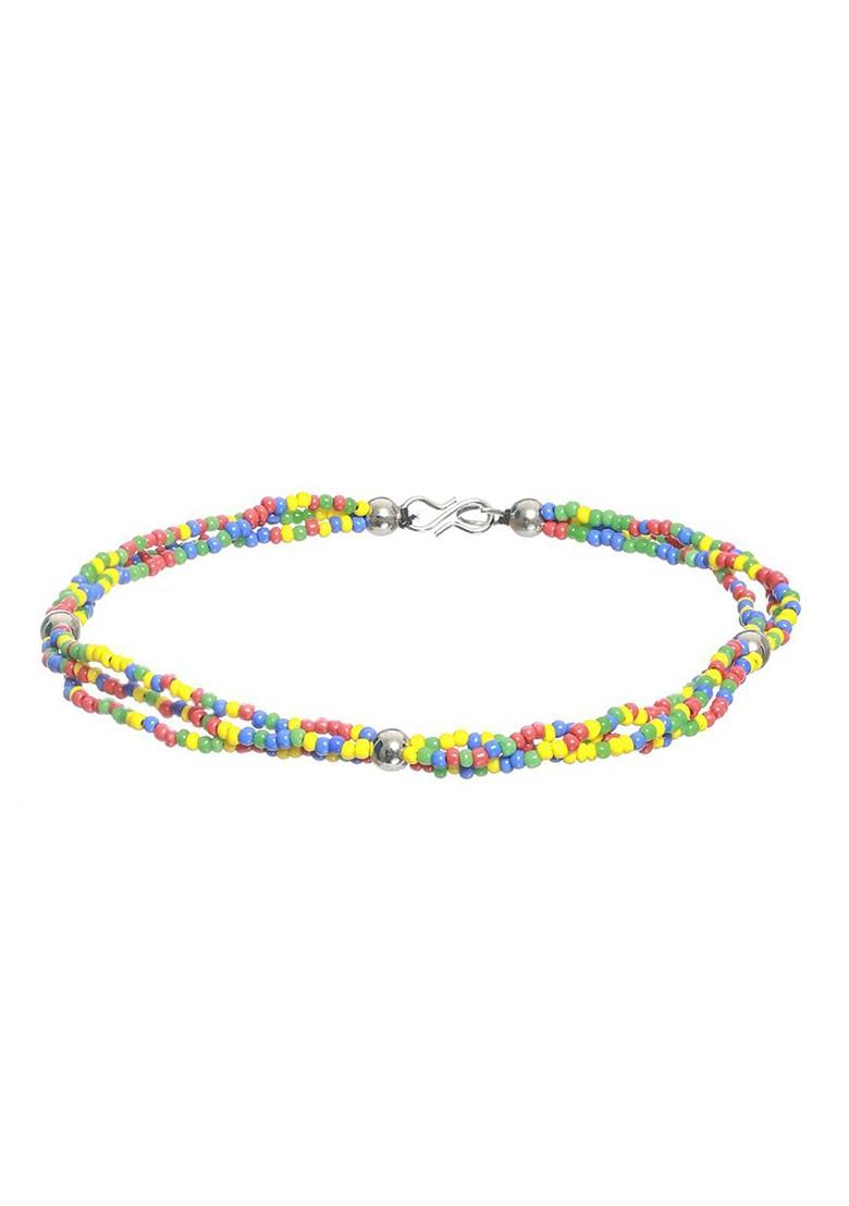 Set Of 2 Silver Plated Blue And Yellow Beaded Anklets