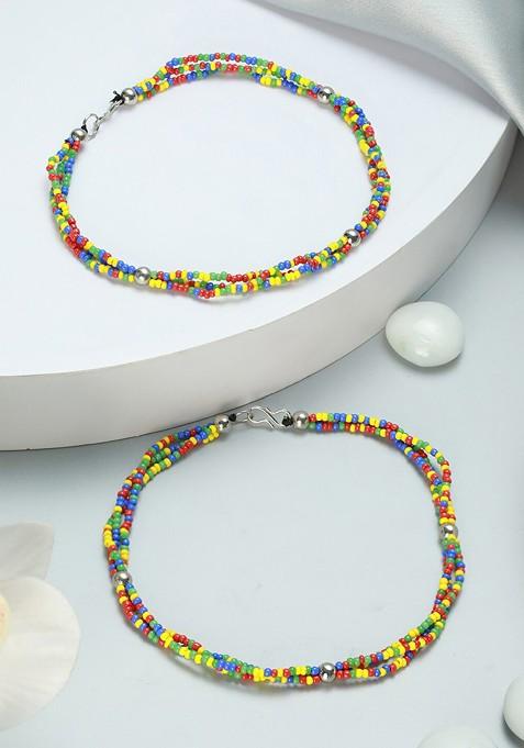 Set Of 2 Silver Plated Blue And Yellow Beaded Anklets