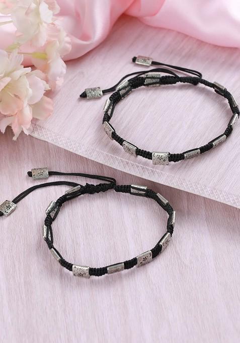 Women Set Of 2 Black Threaded Anklets