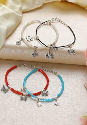 Women Set Of 4 Silver Toned Black And White Beaded Anklets