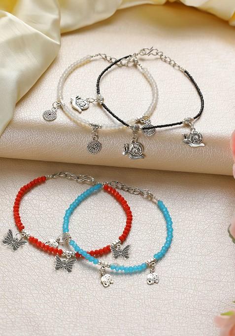 Women Set Of 4 Silver Toned Black And White Beaded Anklets