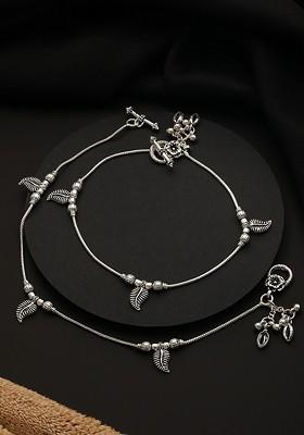 Set Of 2 Silver Plated Stone Studded And Leaf Shaped Ghungroo Anklets