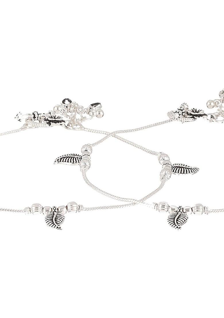 Set Of 2 Silver Plated Stone Studded And Leaf Shaped Ghungroo Anklets