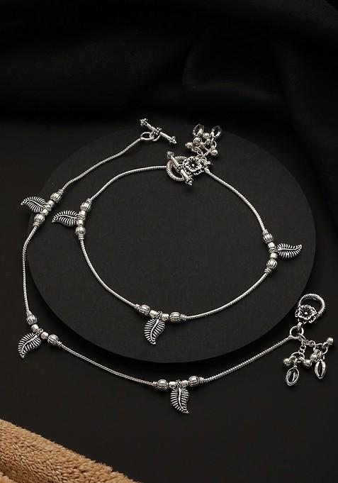 Set Of 2 Silver Plated Stone Studded And Leaf Shaped Ghungroo Anklets