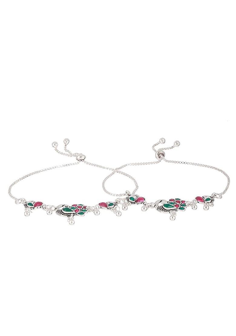 Set Of 2 Silver Plated Stone Studded Anklets