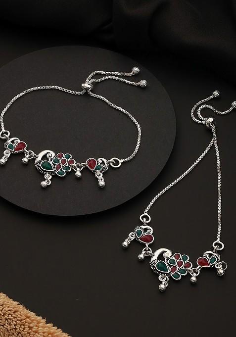 Set Of 2 Silver Plated Stone Studded Anklets