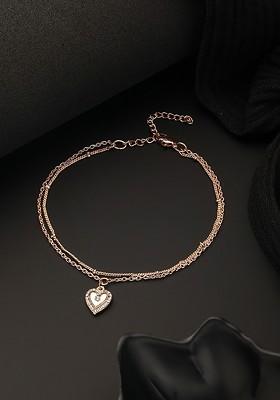 Rose Gold Plated Cz Studded Layered Heart Charm Anklet