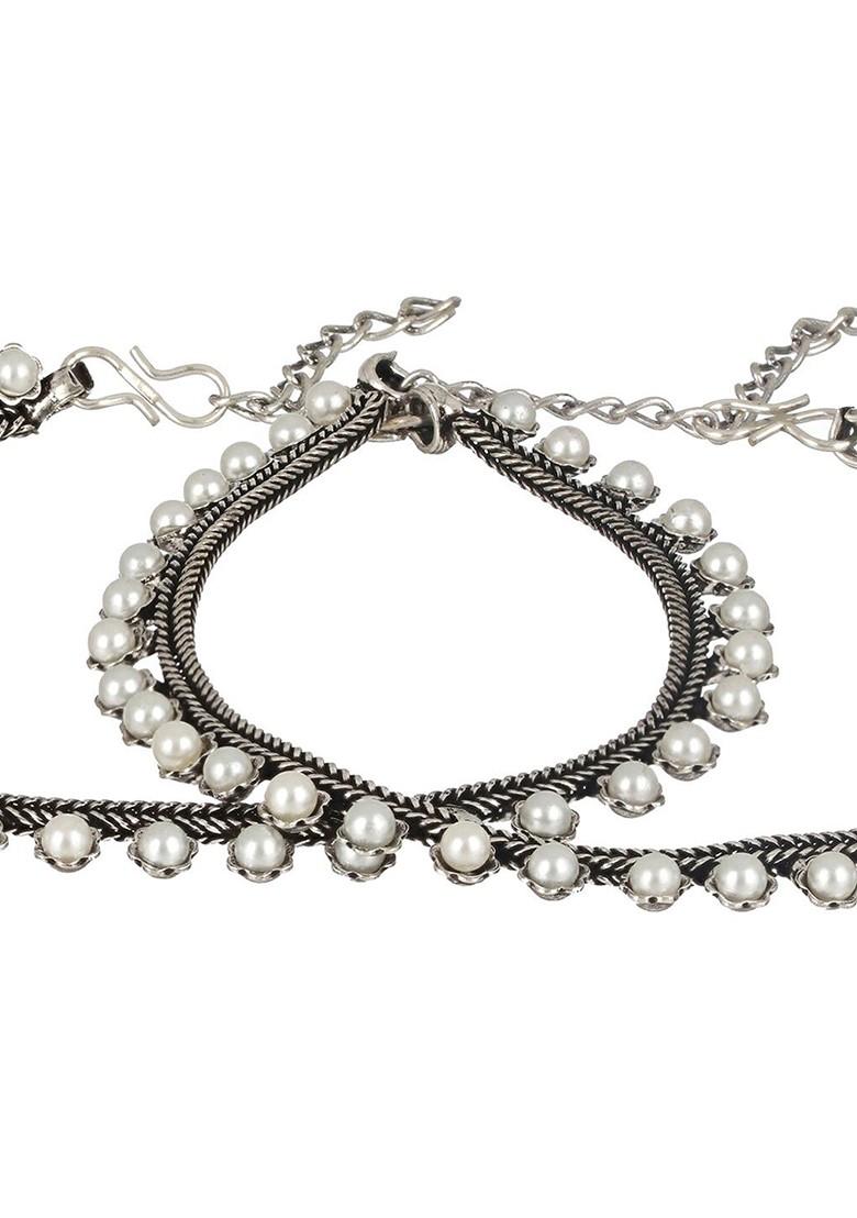 Set Of 2 Silver Plated Pearl Beaded Anklets
