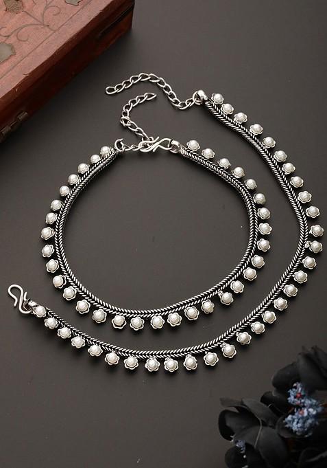 Set Of 2 Silver Plated Pearl Beaded Anklets