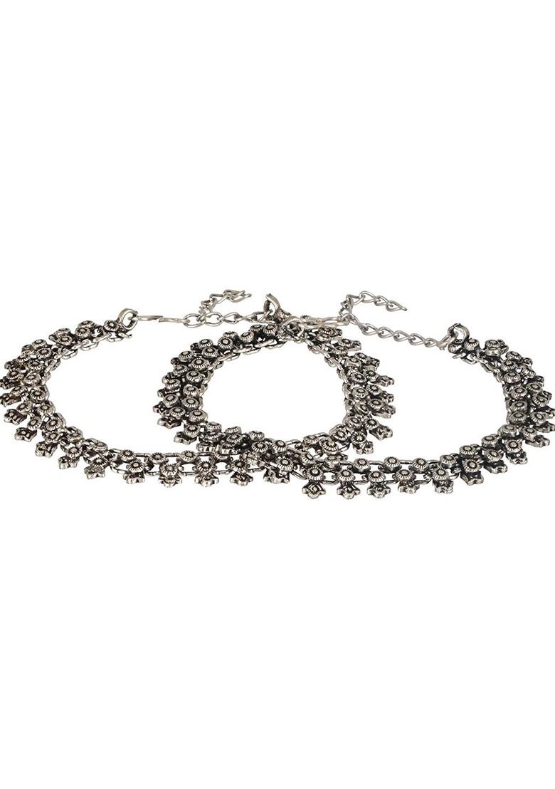 Set Of 2 Silver Plated Stone Studded And Beaded Oxidised Anklets