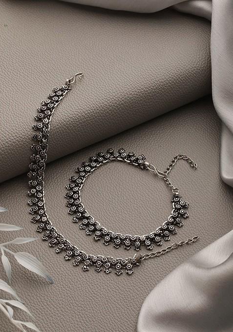 Set Of 2 Silver Plated Stone Studded And Beaded Oxidised Anklets