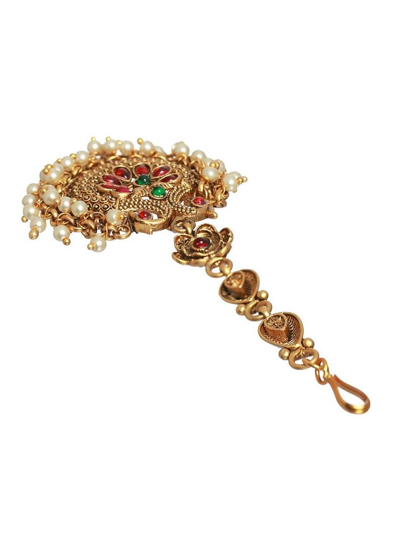 Women Gold Plated Green And Pink Stone Studded Head Jewellery