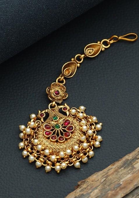 Women Gold Plated Green And Pink Stone Studded Head Jewellery