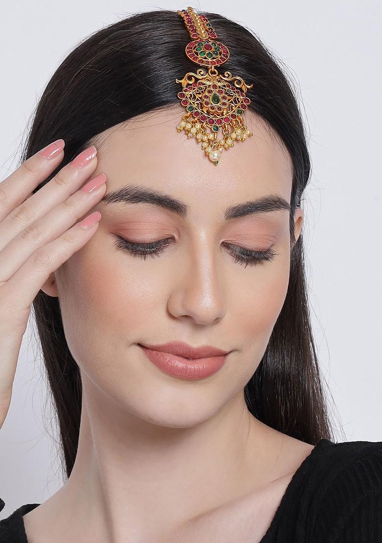 Gold Plated Red Stone Studded Maang Tikka