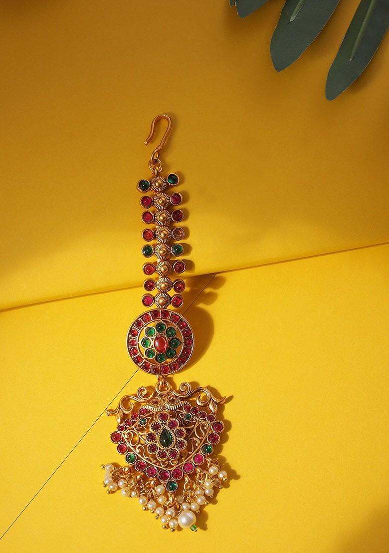 Gold Plated Red Stone Studded Maang Tikka