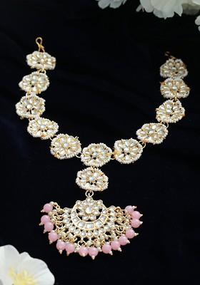 Gold Plated Pink And White Sheeshphool Beaded And Studded Head Jewellery