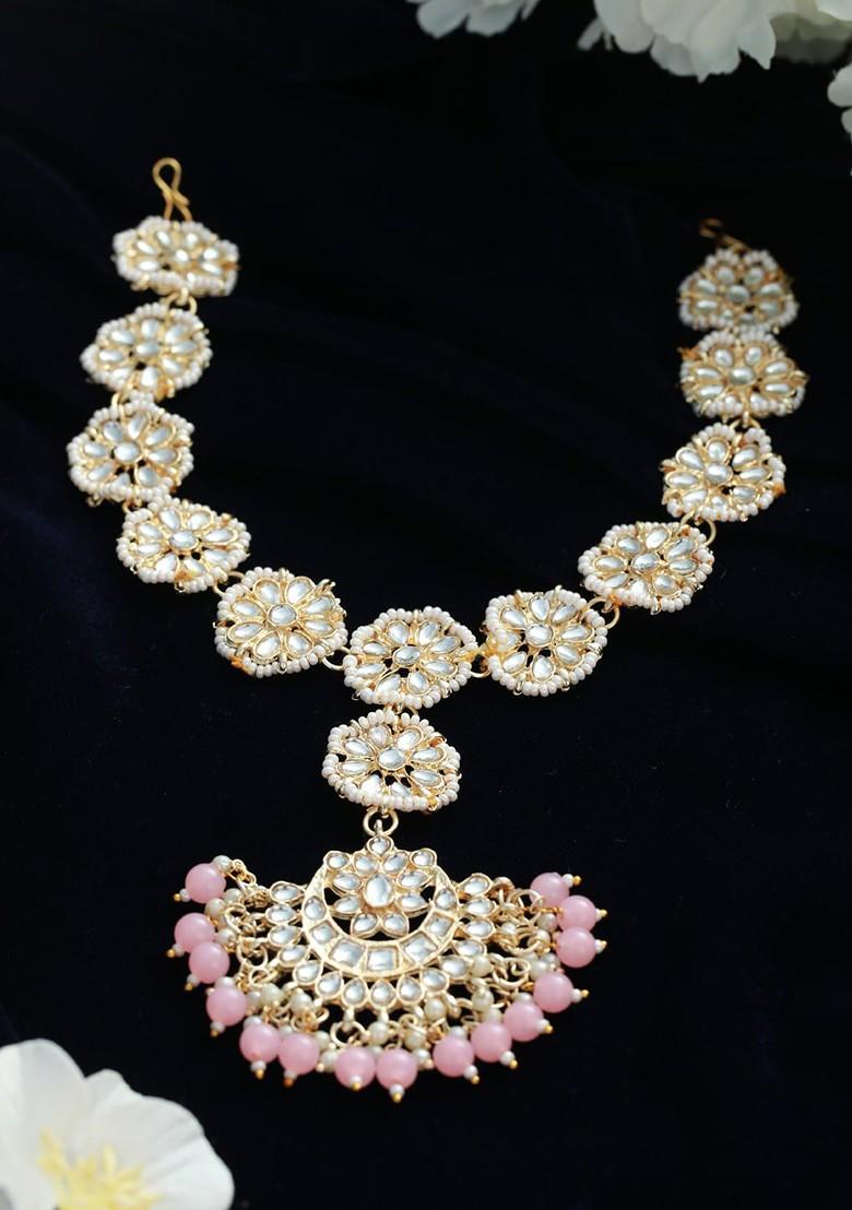 Gold Plated Pink And White Sheeshphool Beaded And Studded Head Jewellery