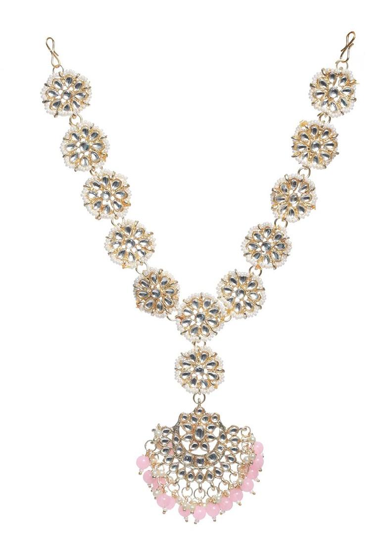 Gold Plated Pink And White Sheeshphool Beaded And Studded Head Jewellery