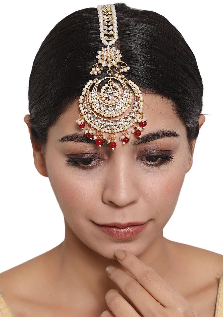 Women Gold Toned And Maroon Kundan And Pearl Studded Maang Tikka