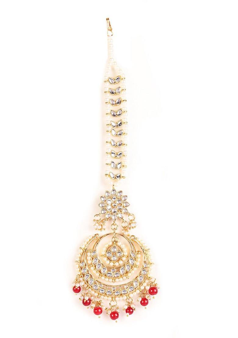 Women Gold Toned And Maroon Kundan And Pearl Studded Maang Tikka