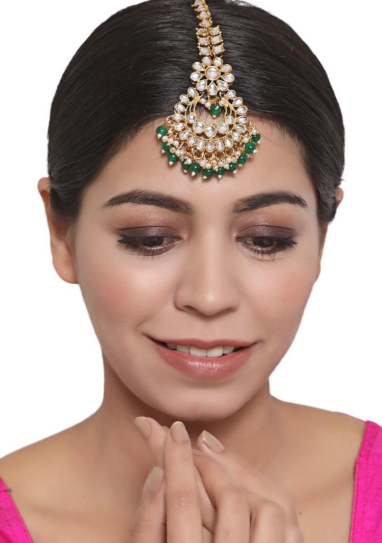 Gold Plated And Green Kundan Studded And Beaded Maangtika