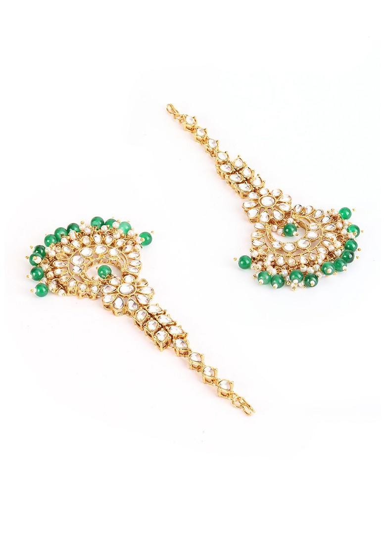 Gold Plated And Green Kundan Studded And Beaded Maangtika
